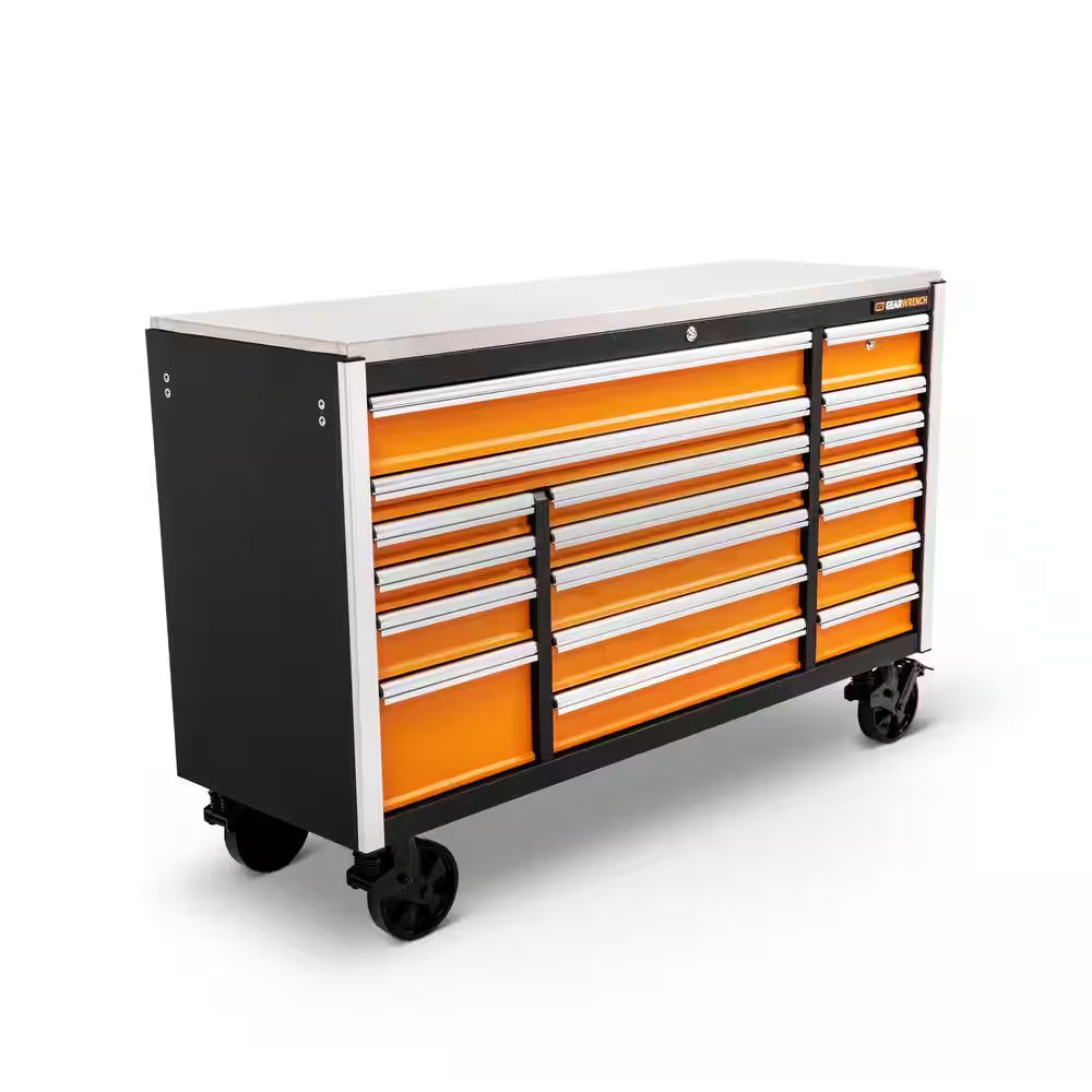 GSX 72 In. X 25 In. 18-Drawer Orange and Black Rolling Mobile Workbench Cabinet with Stainless Steel Worktop