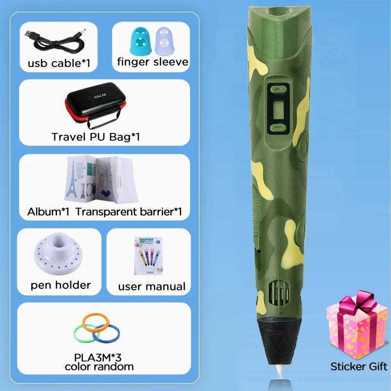 3D Printing Pen DIY Drawing Paiting with LCD Screen Compatible PLA Filament Toys Safe with 9M PLA Christmas Birthday Gift Toys