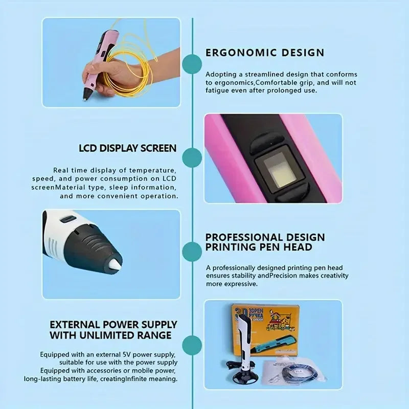 New 3D Printing Pen Children DIY Painting Toys Upgraded LCD Screen Creative Handmade Toys Niche Holiday Gift PLA Filagment