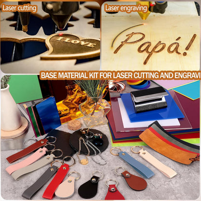 Laser Material Explore Kit, 306PCS Laser Engraving Supplies for Crafting, 46 Kinds Blanks Includes Basswood, Wood, Acrylic, Leather, Metal Necklace Bracelet Rings for Engraver Machine