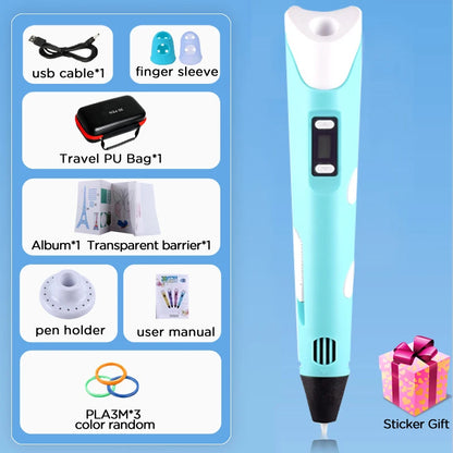 3D Printing Pen DIY Drawing Paiting with LCD Screen Compatible PLA Filament Toys Safe with 9M PLA Christmas Birthday Gift Toys