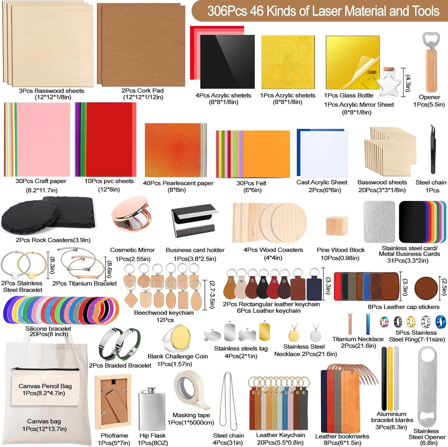 Laser Material Explore Kit, 306PCS Laser Engraving Supplies for Crafting, 46 Kinds Blanks Includes Basswood, Wood, Acrylic, Leather, Metal Necklace Bracelet Rings for Engraver Machine
