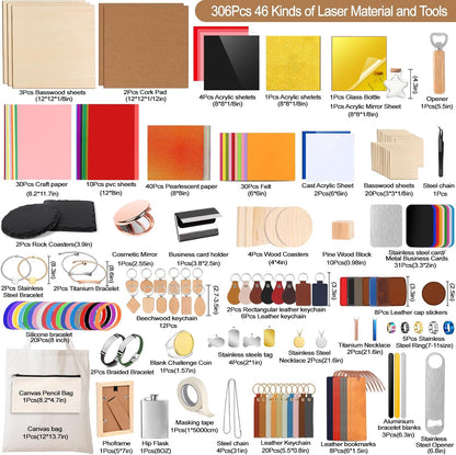 Laser Material Explore Kit, 306PCS Laser Engraving Supplies for Crafting, 46 Kinds Blanks Includes Basswood, Wood, Acrylic, Leather, Metal Necklace Bracelet Rings for Engraver Machine