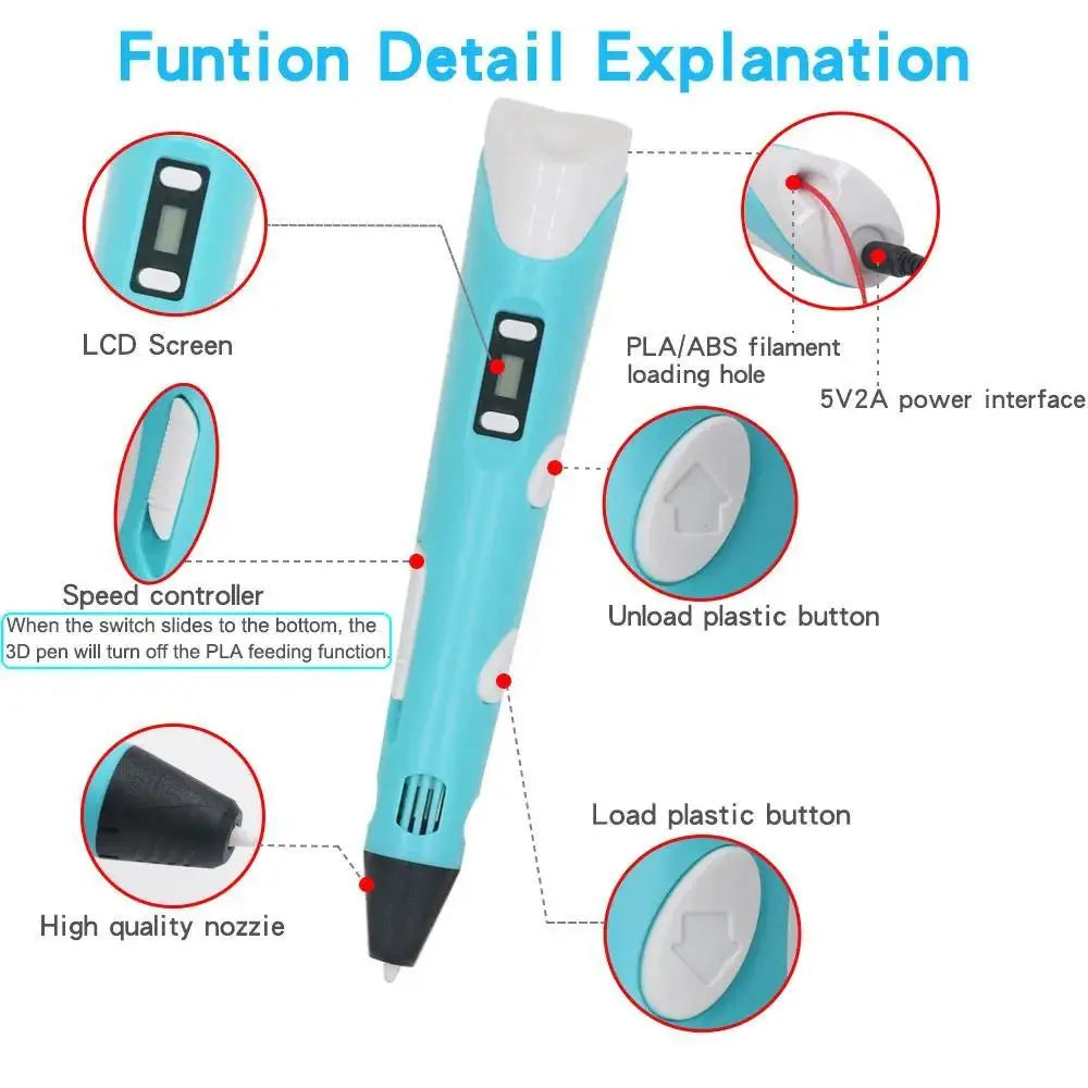 3D Printing Pen DIY Drawing Paiting with LCD Screen Compatible PLA Filament Toys Safe with 9M PLA Christmas Birthday Gift Toys