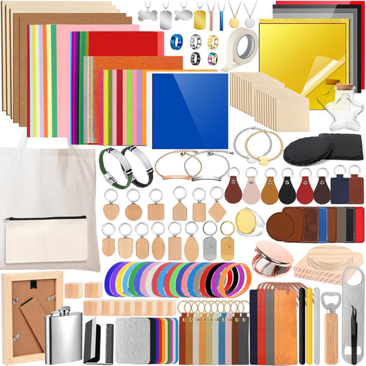Laser Material Explore Kit, 306PCS Laser Engraving Supplies for Crafting, 46 Kinds Blanks Includes Basswood, Wood, Acrylic, Leather, Metal Necklace Bracelet Rings for Engraver Machine