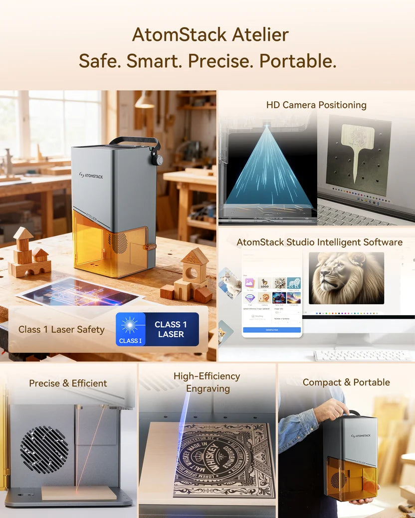 Atelier World's 1st FDA Class 1 Portable Diode Laser Engraver with Built-in Camera.