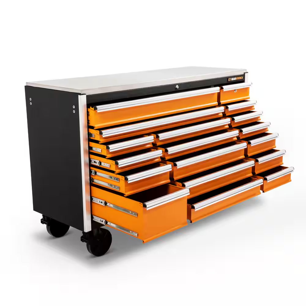 GSX 72 In. X 25 In. 18-Drawer Orange and Black Rolling Mobile Workbench Cabinet with Stainless Steel Worktop