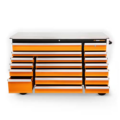 GSX 72 In. X 25 In. 18-Drawer Orange and Black Rolling Mobile Workbench Cabinet with Stainless Steel Worktop