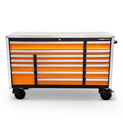 GSX 72 In. X 25 In. 18-Drawer Orange and Black Rolling Mobile Workbench Cabinet with Stainless Steel Worktop