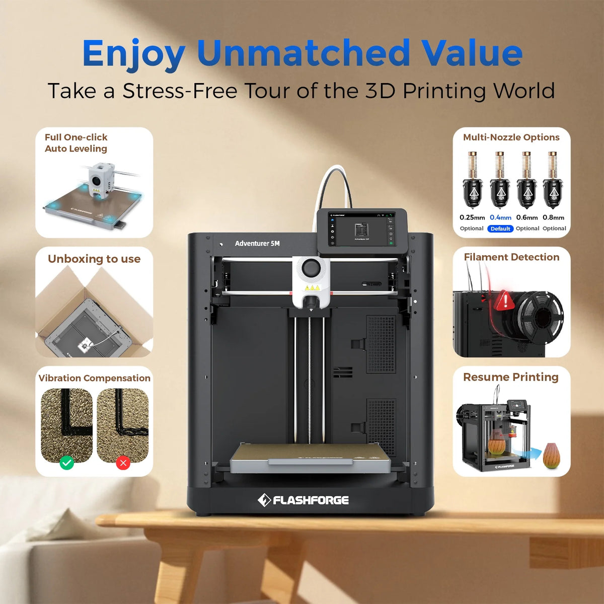 3D Printer Adventurer 5M, 3D Printers for Beginners Home DIY, High Speed Print Size 8.7 X 8.7 X 8.7In, Black